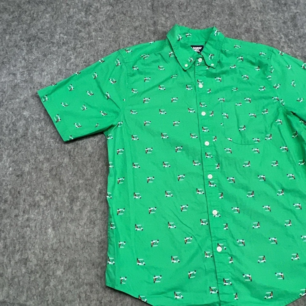Lands End Shirt Mens M Green Golf Cart Print Short Sleeve Button Traditional Fit